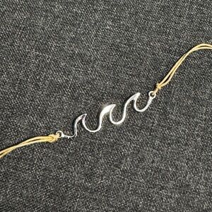 Silver Wave Bracelet with Tan Cord